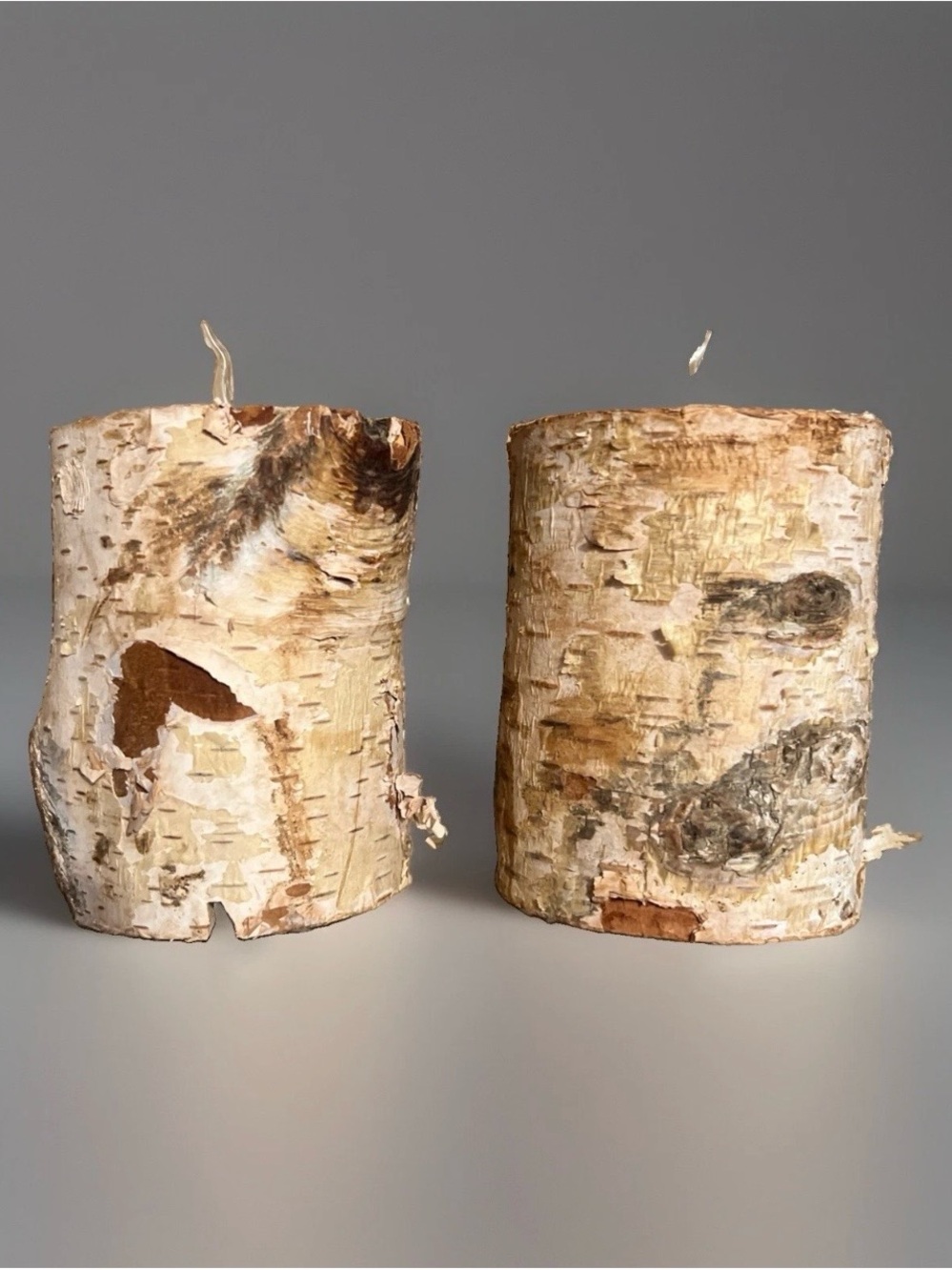 Pair of Natural Birch Bark Pillar LED Candles